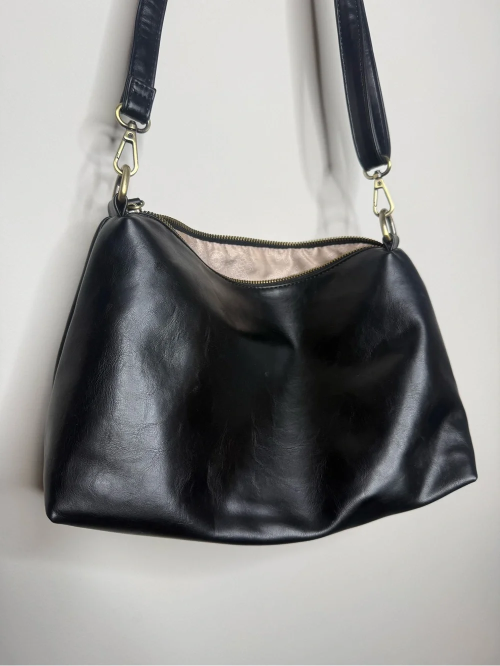 Joy Susan Black Leather Shoulder Bag with Gold Hardware